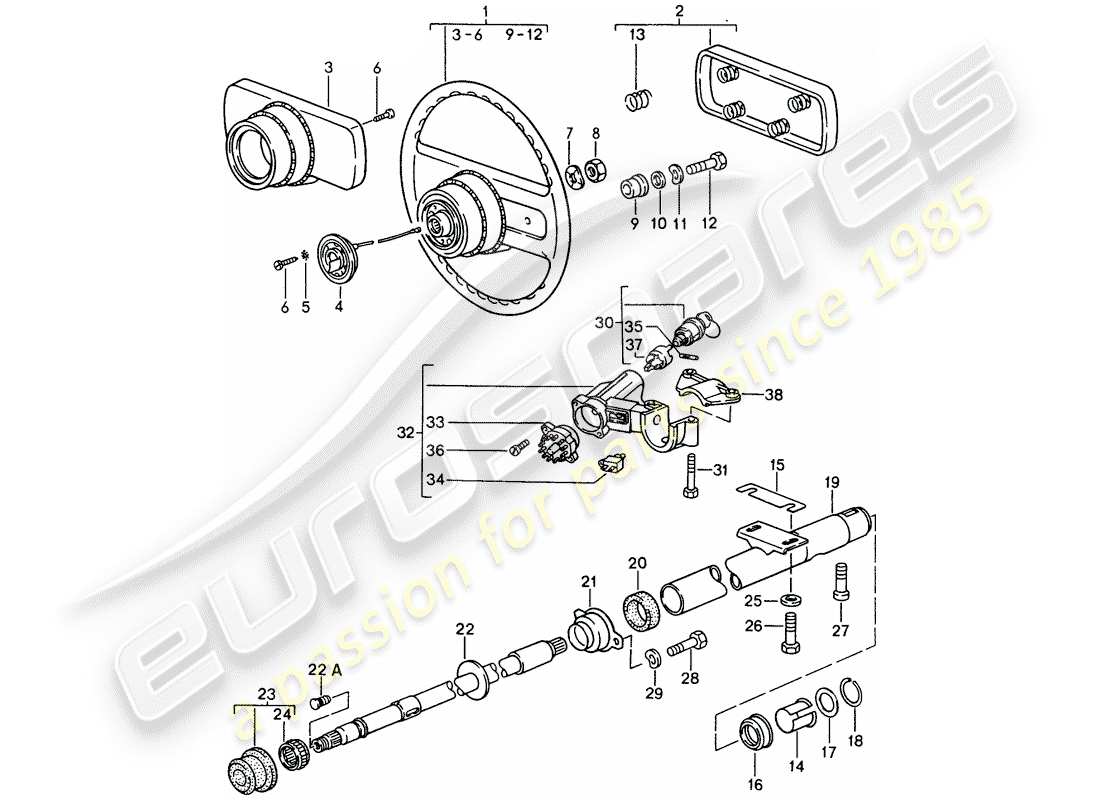 porsche 1988 (944) steering wheels - steering column parts diagram