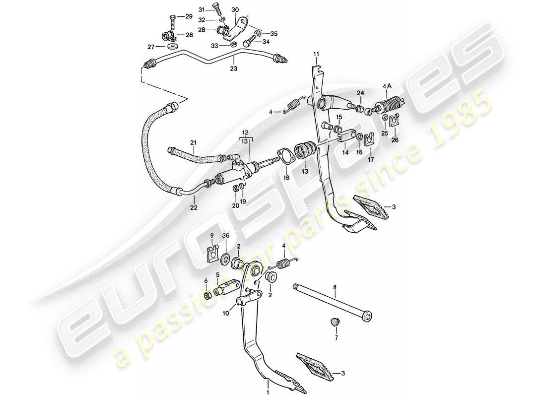 porsche 1986 (944) brake - clutch - pedals part diagram