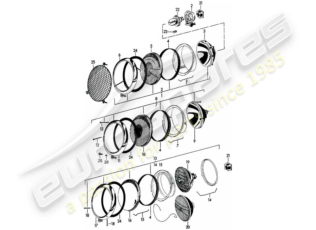 porsche 1960 (356b/356c) headlamp parts diagram