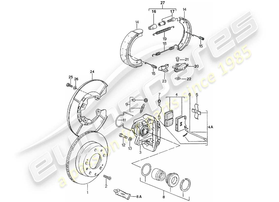 porsche 924s (1986) disc brakes - rear axle part diagram