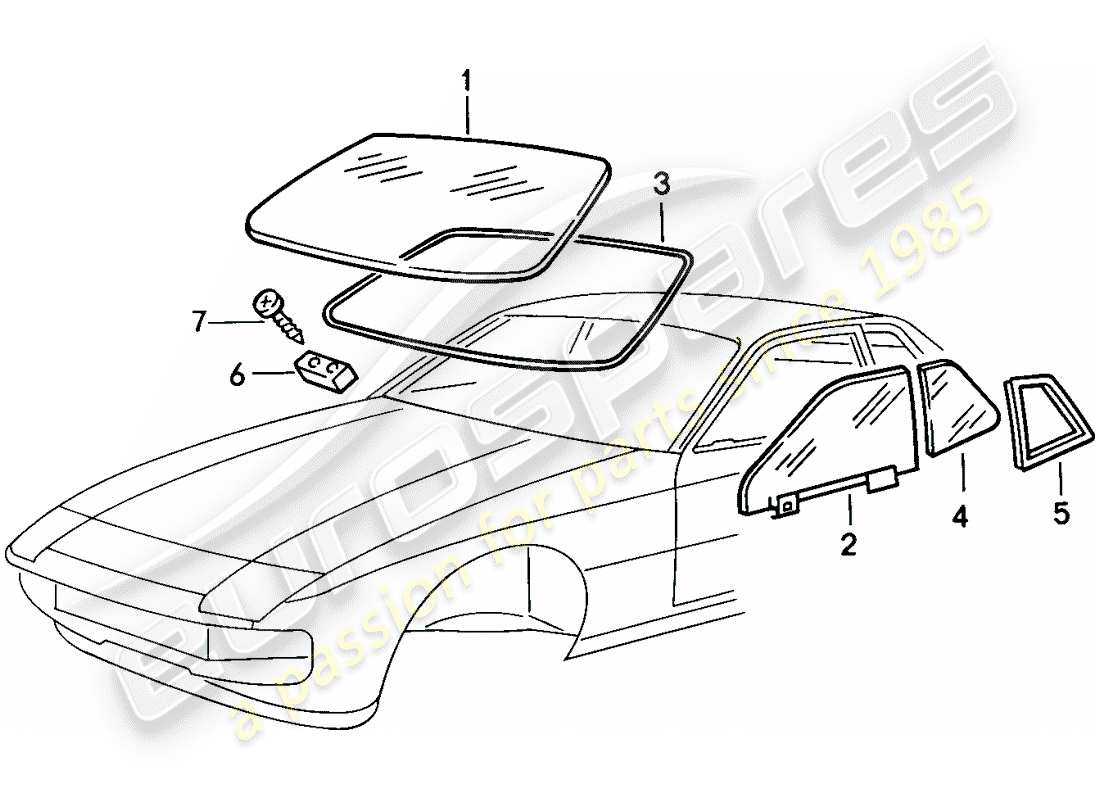 porsche 1988 (924s) window glazing part diagram
