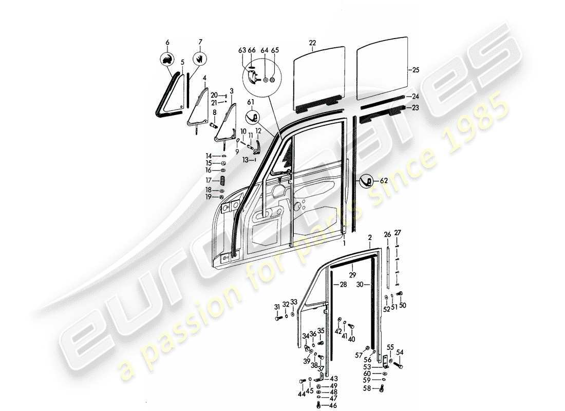 porsche 1962 (356b/356c) window frame - side window - door window part diagram
