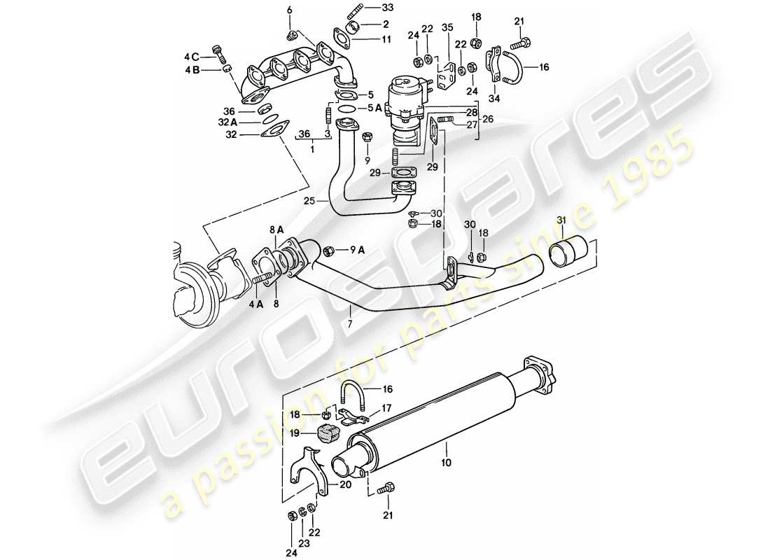 porsche 1976 (924) exhaust system - exhaust silencer, front part diagram