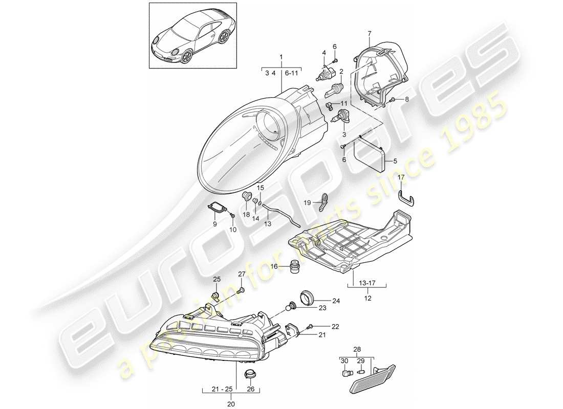 porsche 2012 (997-2) headlamp part diagram