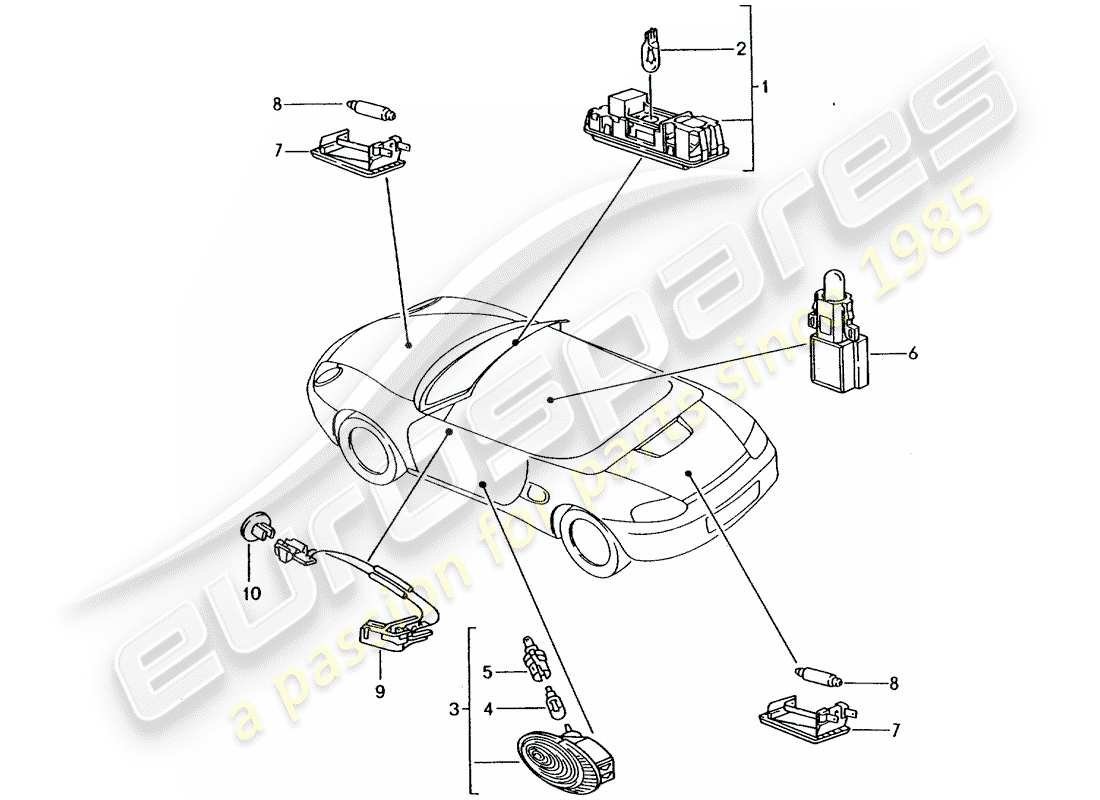 porsche boxster 986 (1999) interior light - luggage compartment lamp - engine compartment light - footwell light - door handle ilumination - interior release part diagram