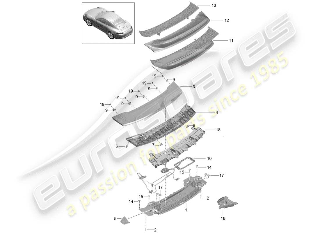 porsche 2014 (991-1) rear spoiler part diagram