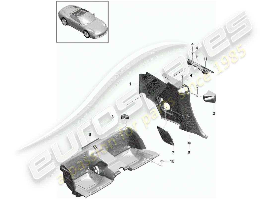 porsche 991 (2014) quarter trim panel parts diagram