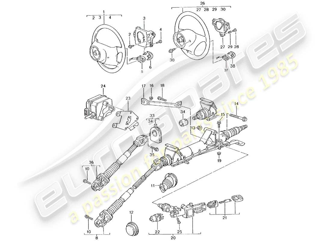 porsche boxster 986 (2000) steering protective pipe - intermediate steering shaft - steering wheel parts diagram
