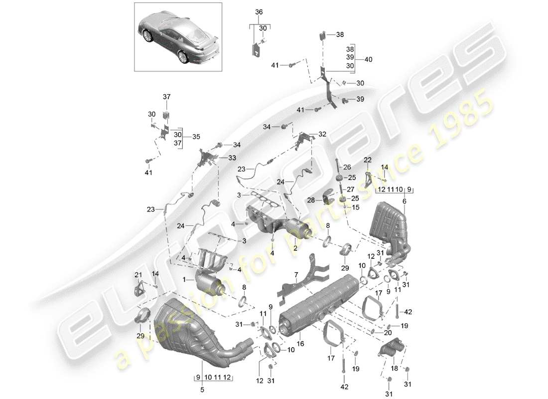 porsche 2014 (991-1 r/gt3/rs) exhaust system part diagram