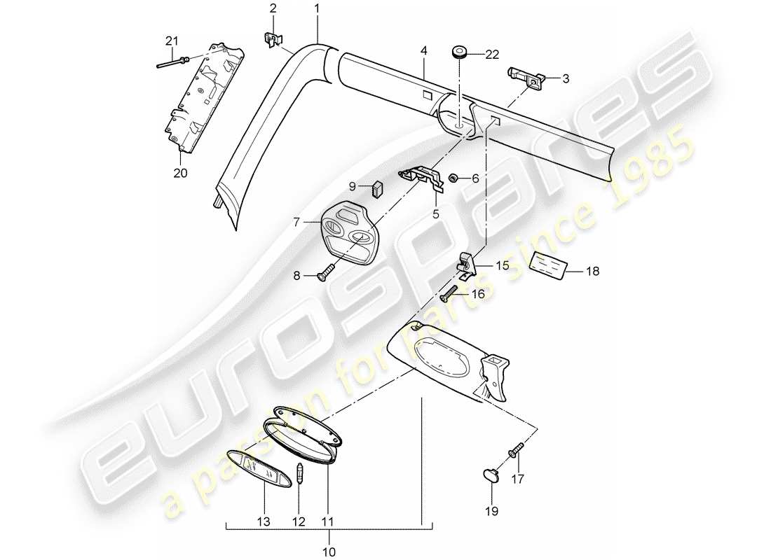 porsche 2002 (996 turbo / gt2) windshield frame - sun vizors part diagram