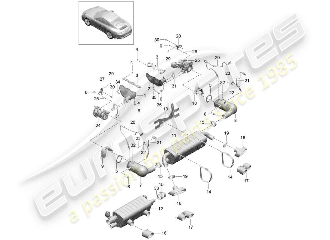 porsche 2020 (991-2) exhaust system part diagram