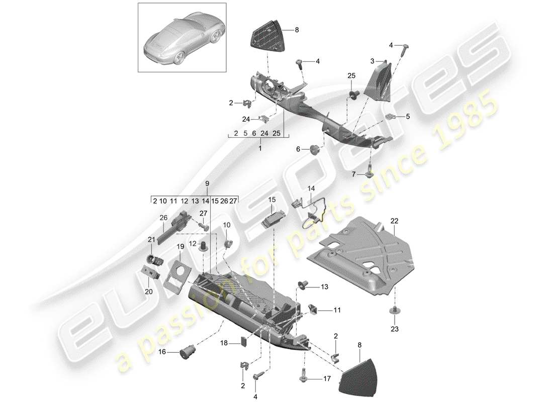 porsche 991 (2012) glove box parts diagram