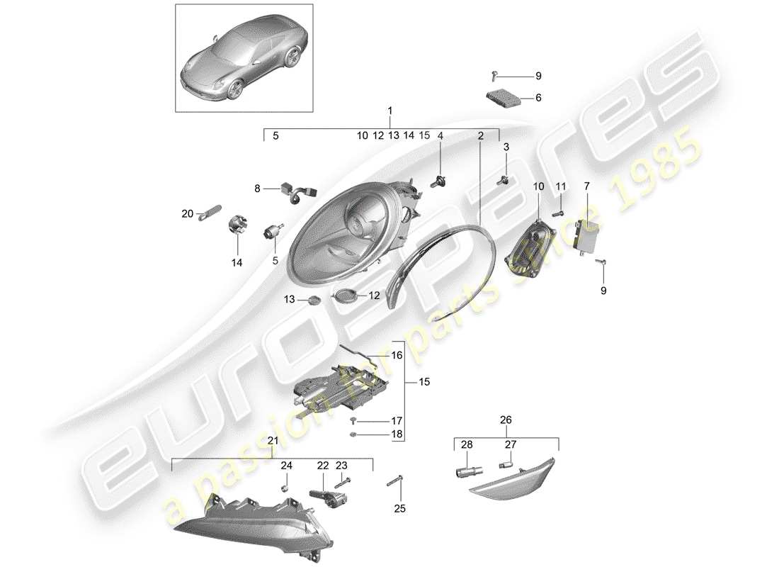 porsche 2014 (991-1) headlamp part diagram