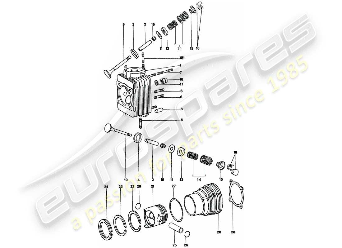 porsche 1972 (914) cylinder head - cylinder with pistons part diagram