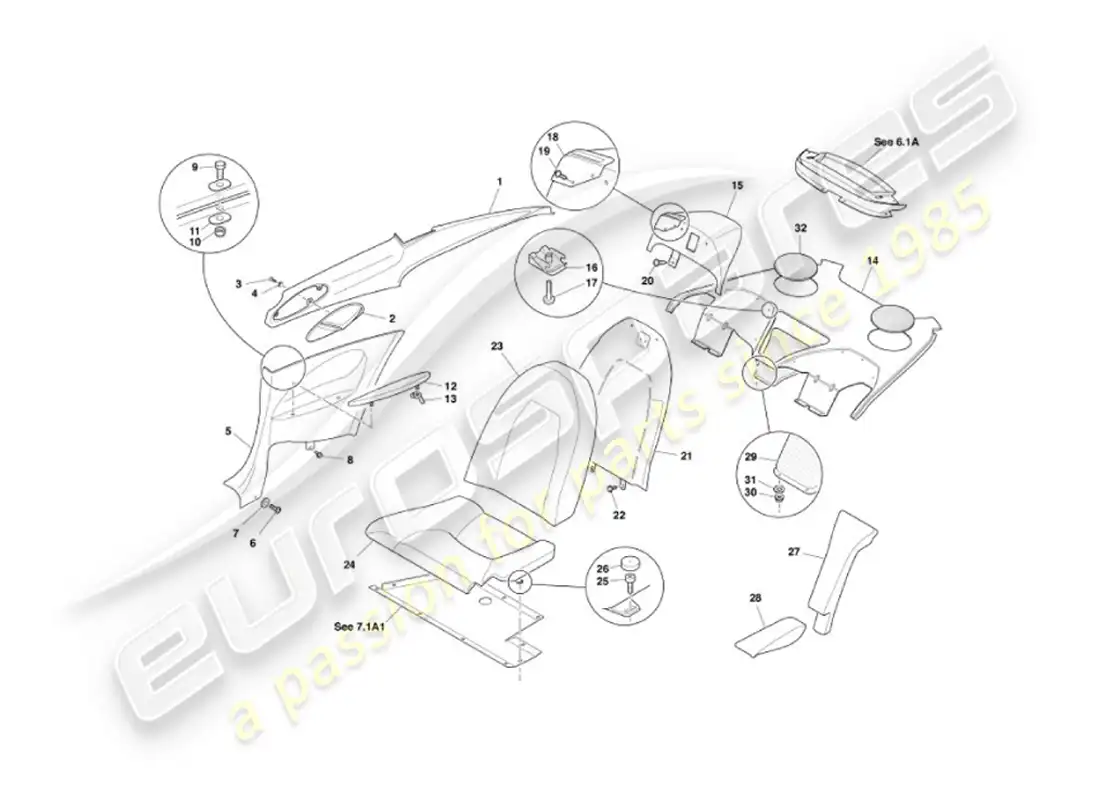 aston martin vanquish (2002) rear trim, 2 + 2 parts diagram