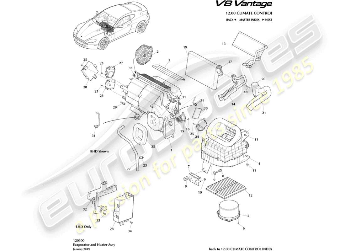 aston martin v8 vantage (2018) evaporator & heater part diagram