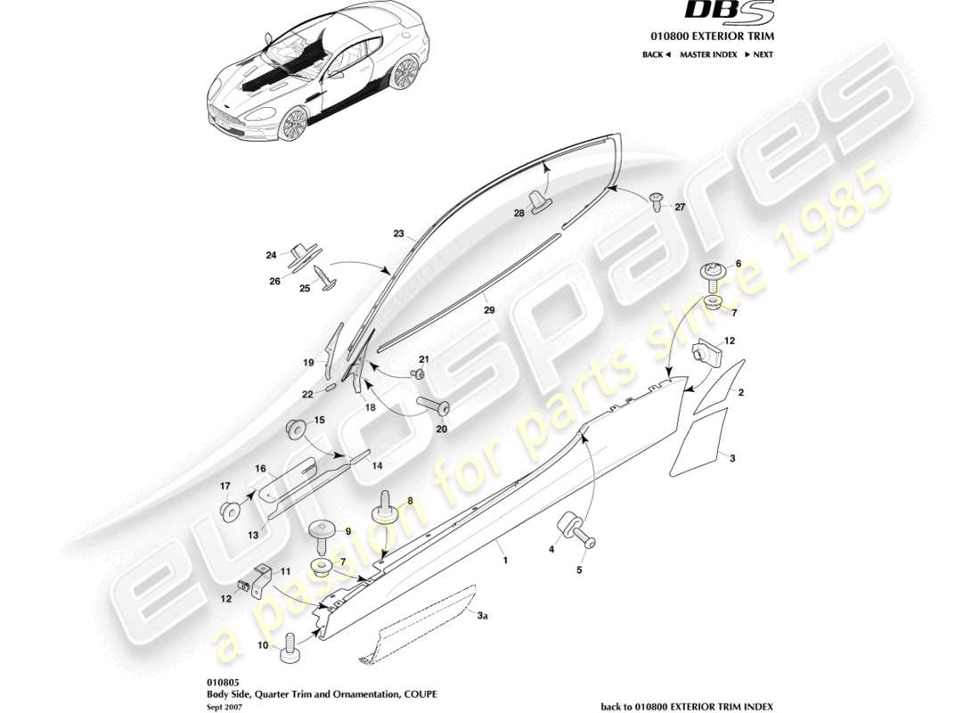 aston martin dbs (2014) bodyside & quarter trim, coupe part diagram