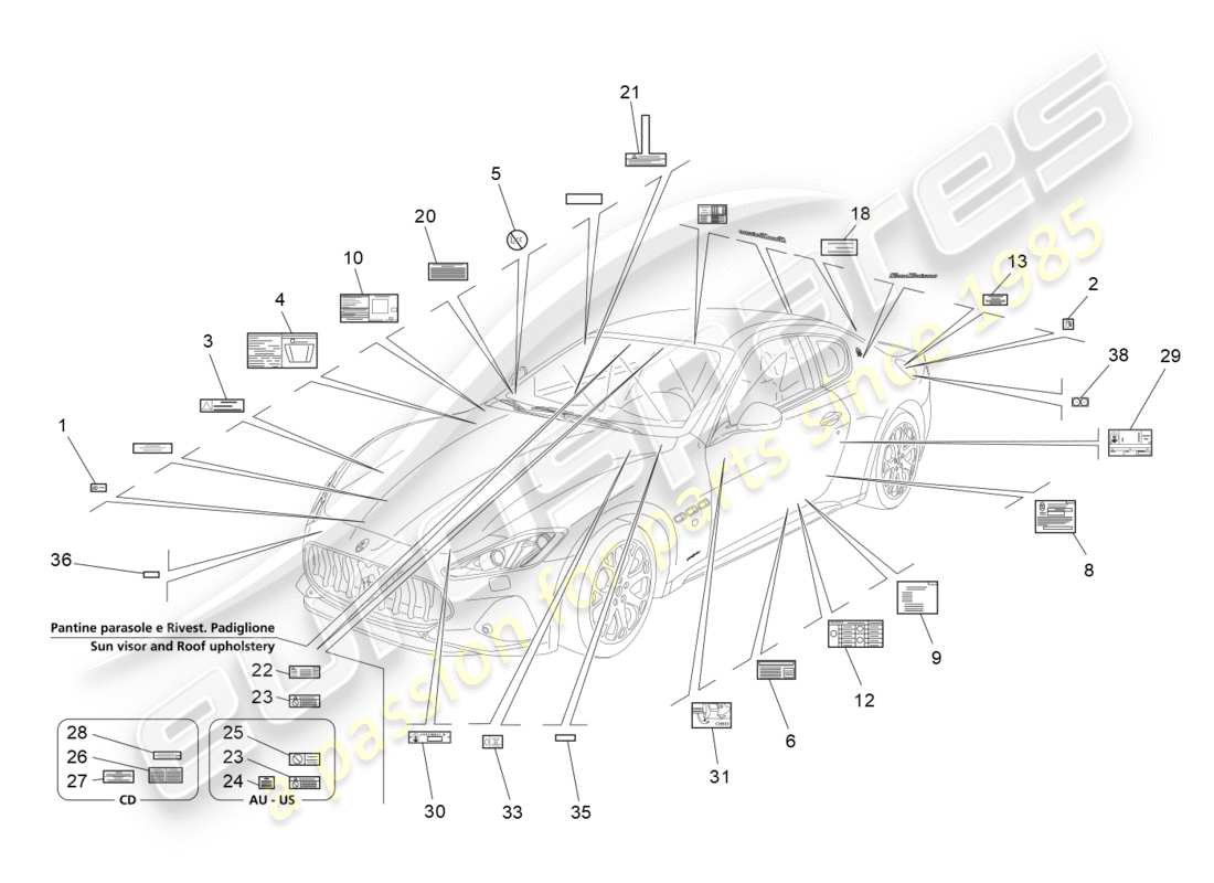 maserati granturismo s (2018) stickers and labels parts diagram