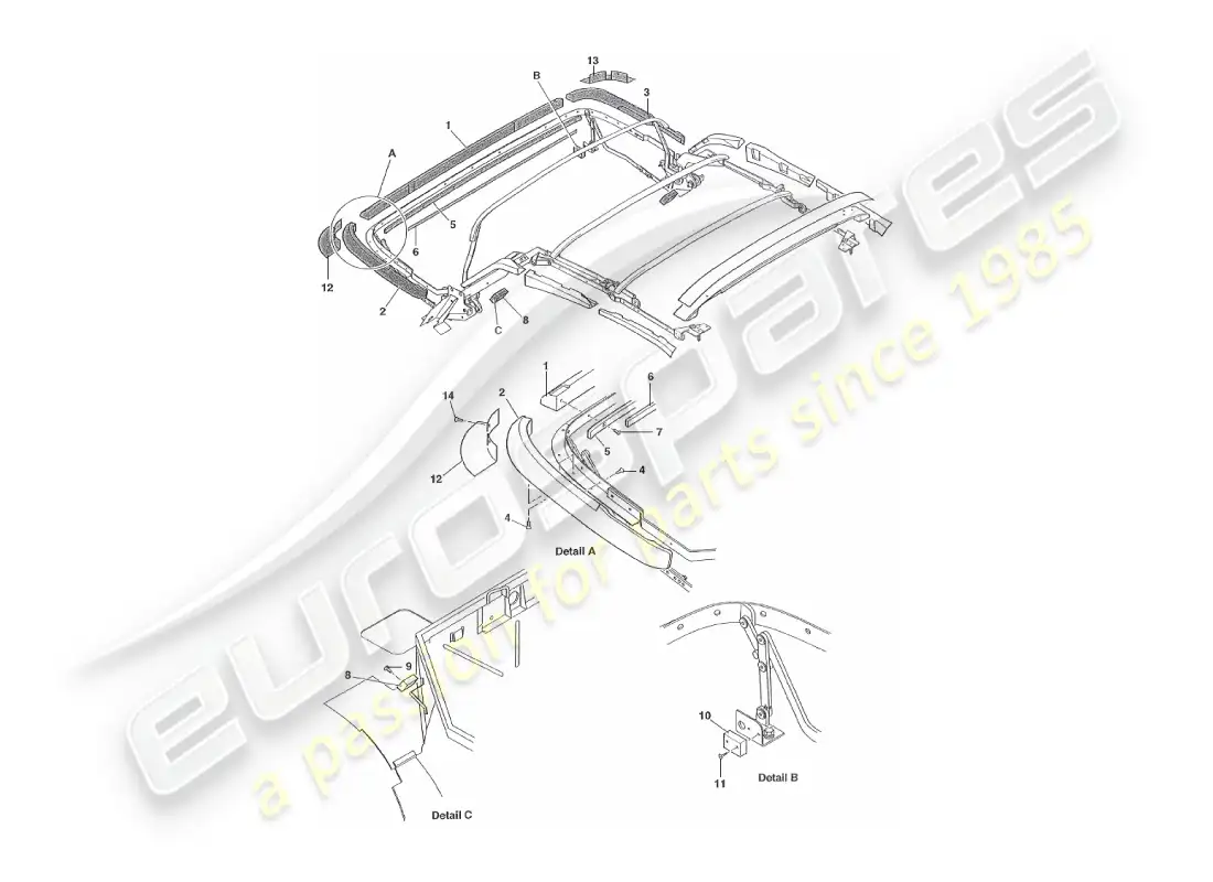 aston martin v8 virage (1999) hood assembly parts diagram