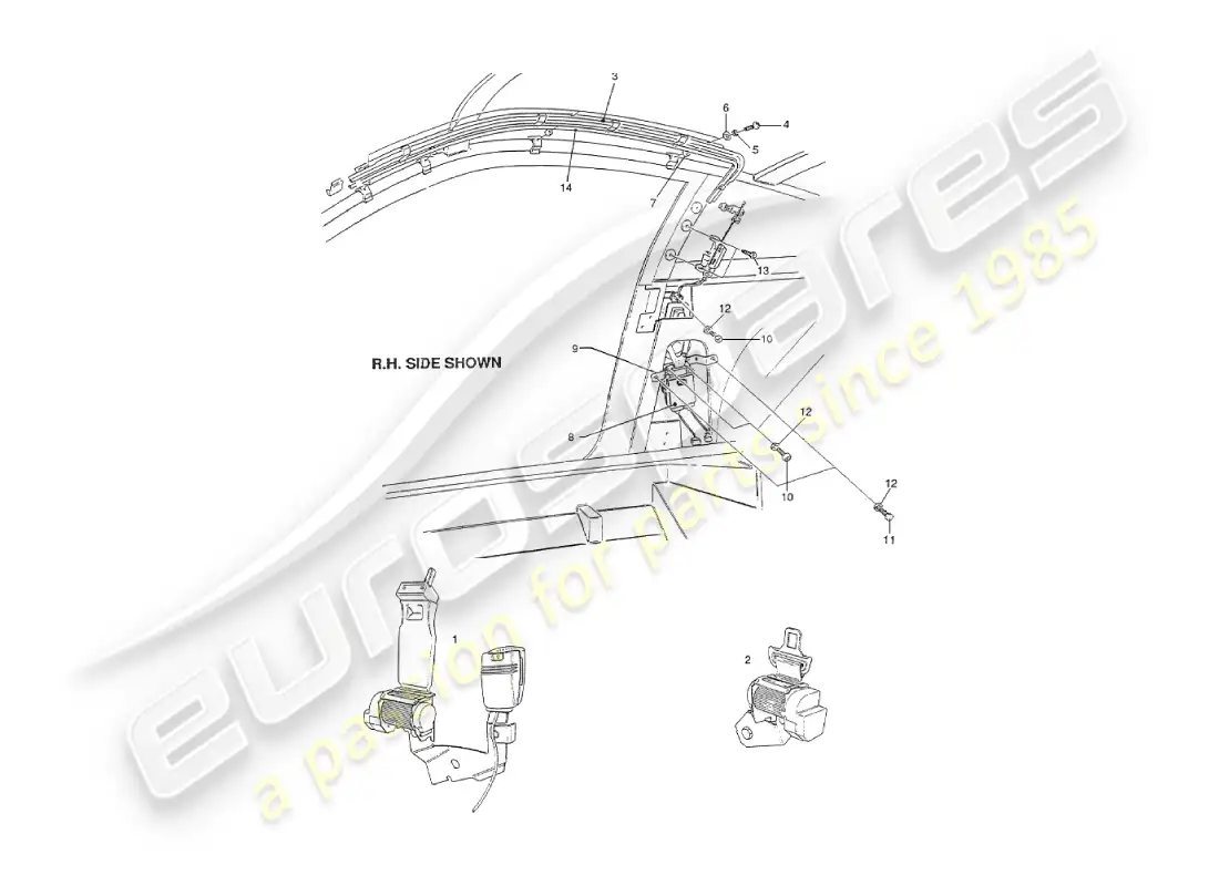 aston martin v8 virage (1999) interior fittings, usa seat belts parts diagram