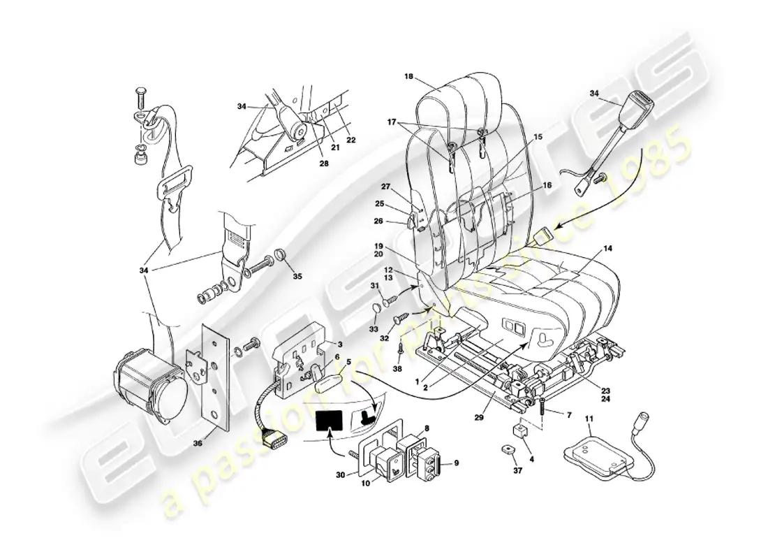 aston martin v8 volante (1999) front seats & belts parts diagram