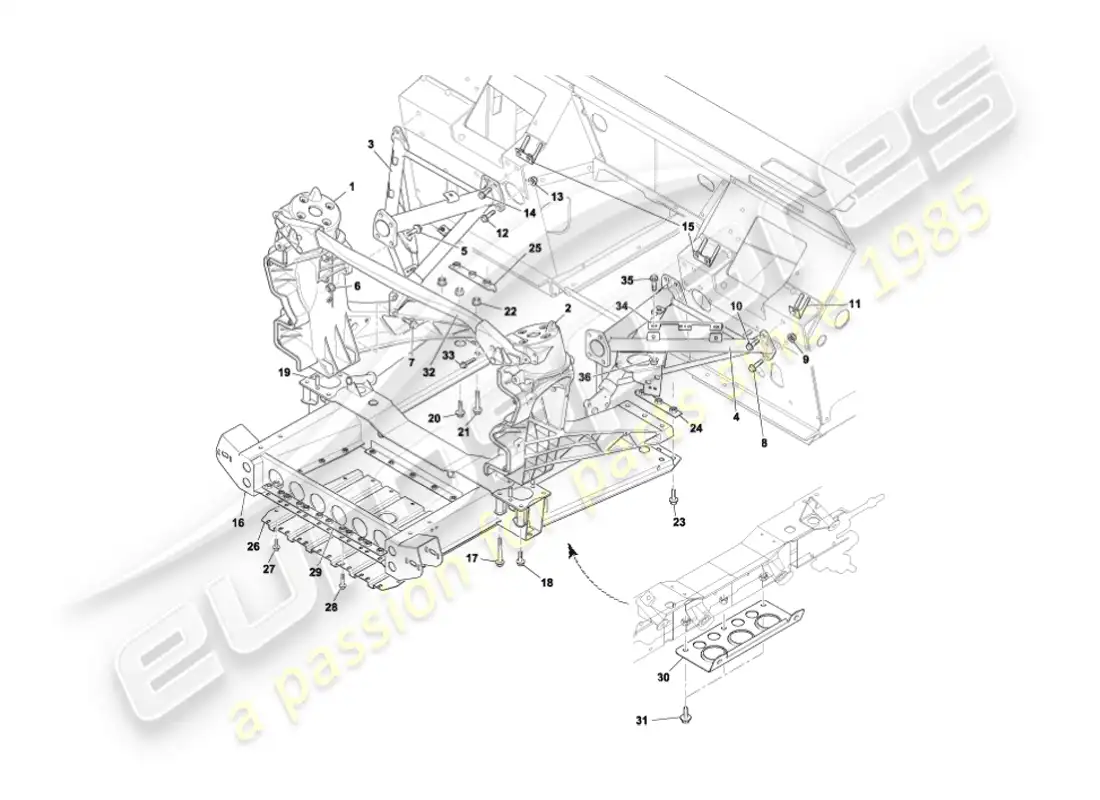 aston martin vanquish (2005) front body support structure parts diagram