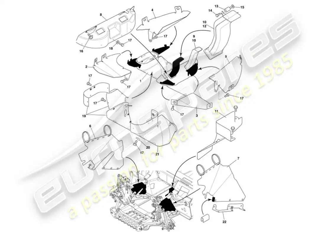 aston martin vanquish (2001) heat deflectors & shields parts diagram