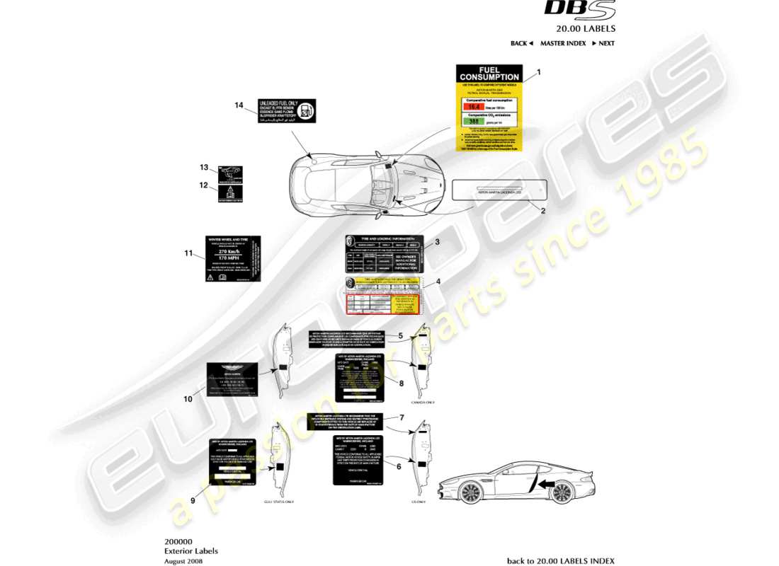 aston martin dbs (2008) exterior labels part diagram