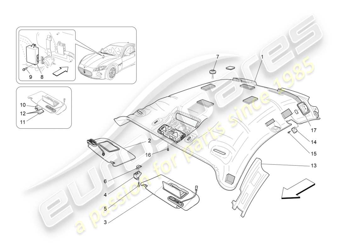 maserati granturismo (2014) roof and sun visors part diagram