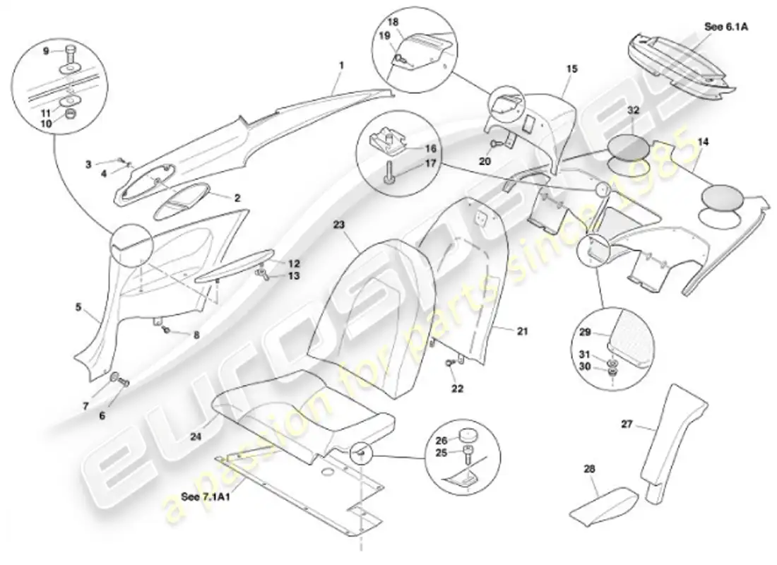 aston martin vanquish (2001) rear trim, 2+2 parts diagram
