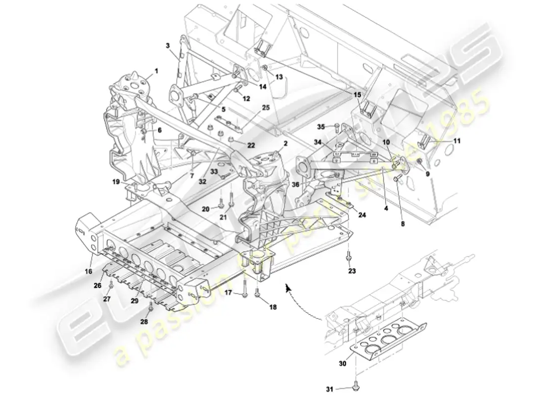 aston martin vanquish (2001) front body support structure parts diagram