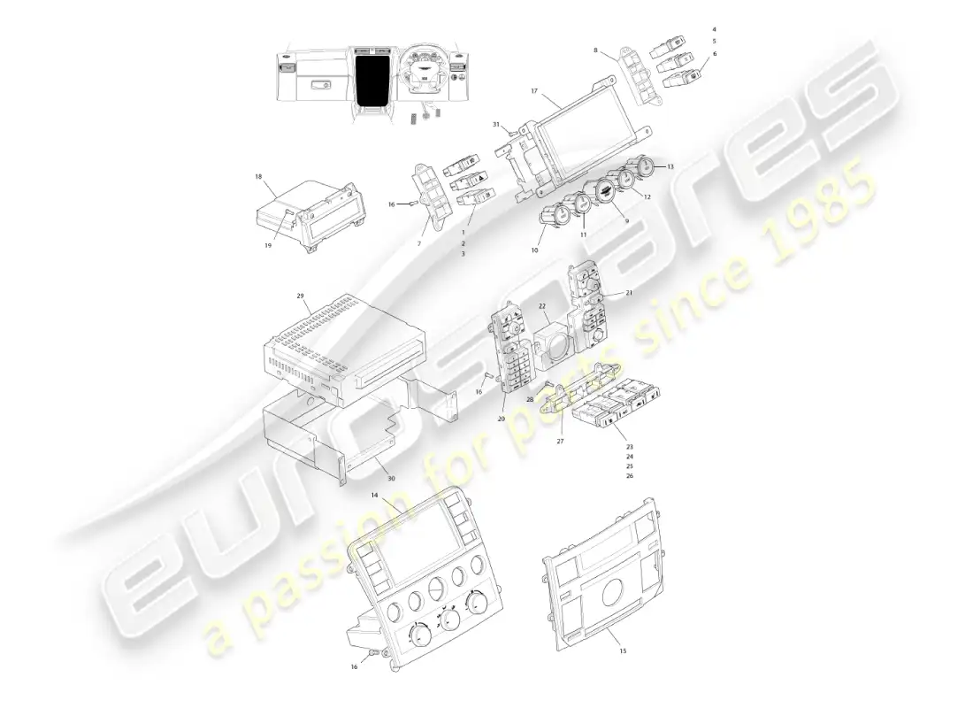 aston martin vanquish (2002) instruments & controls, 06my vin 501949 on parts diagram