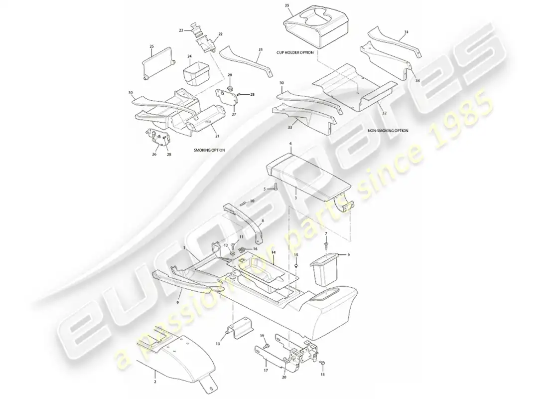 aston martin vanquish (2001) centre console & trim parts diagram