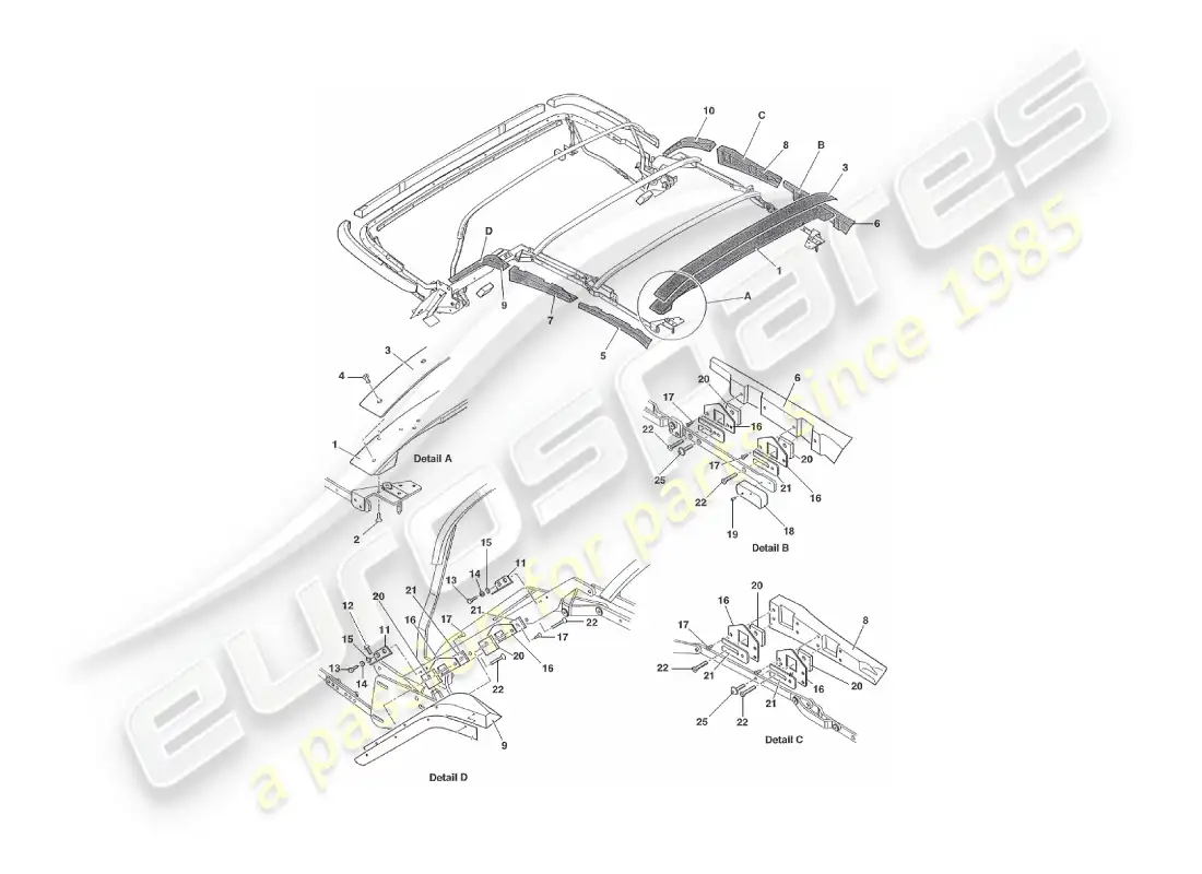 aston martin v8 virage (1999) hood assembly parts diagram