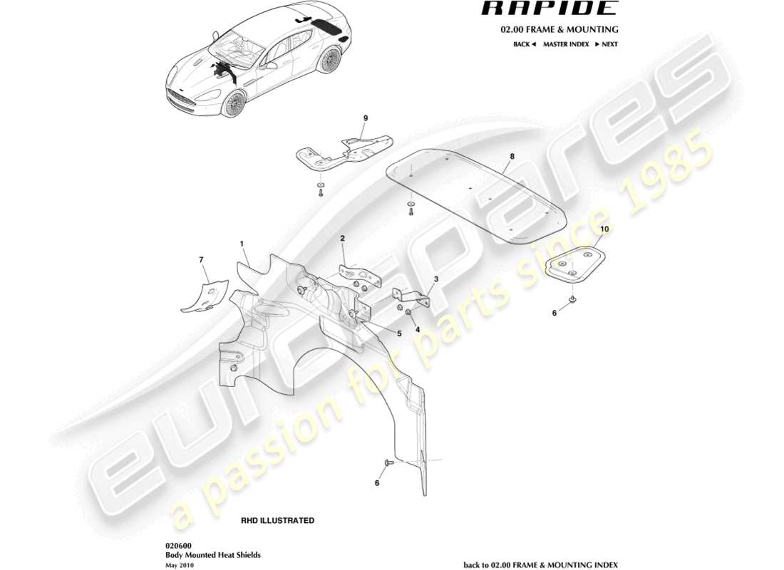 aston martin rapide (2010) heat shields part diagram