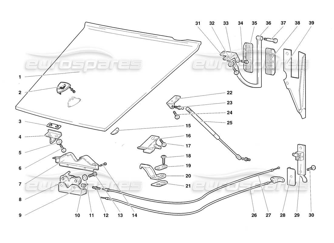 lamborghini diablo sv (1998) front hood parts diagram