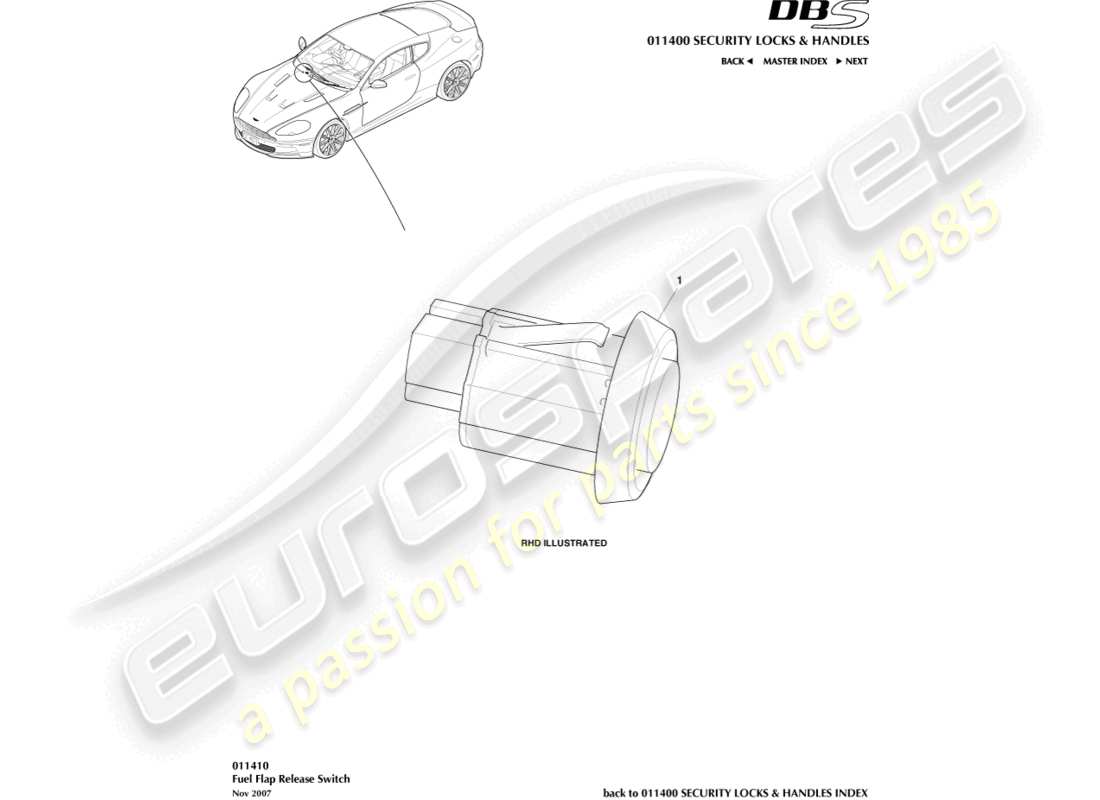 aston martin dbs (2009) fuel filler release switch part diagram