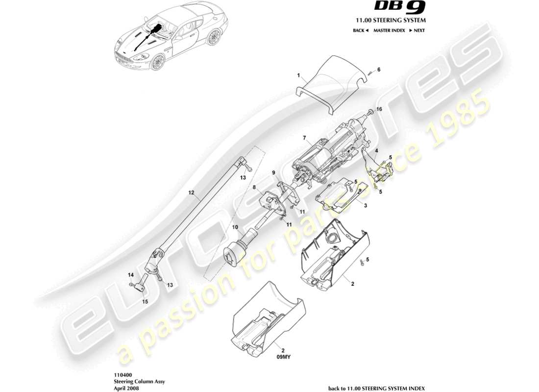 aston martin db9 (2008) steering column assembly part diagram