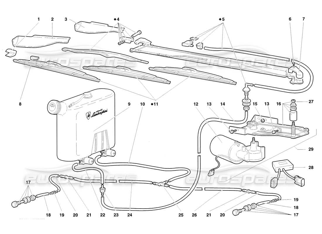 lamborghini diablo sv (1998) windscreen wiper and headlamp washers parts diagram