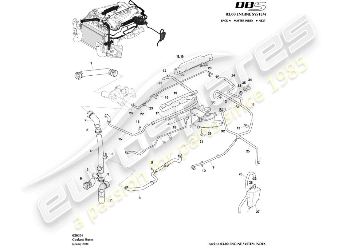 aston martin dbs (2009) coolant hoses & reservoir part diagram