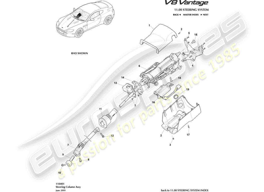 aston martin v8 vantage (2018) steering column assembly part diagram