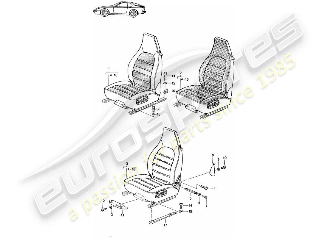 a part diagram from the porsche 1985 (seats for 944/968/911/928) parts catalogue