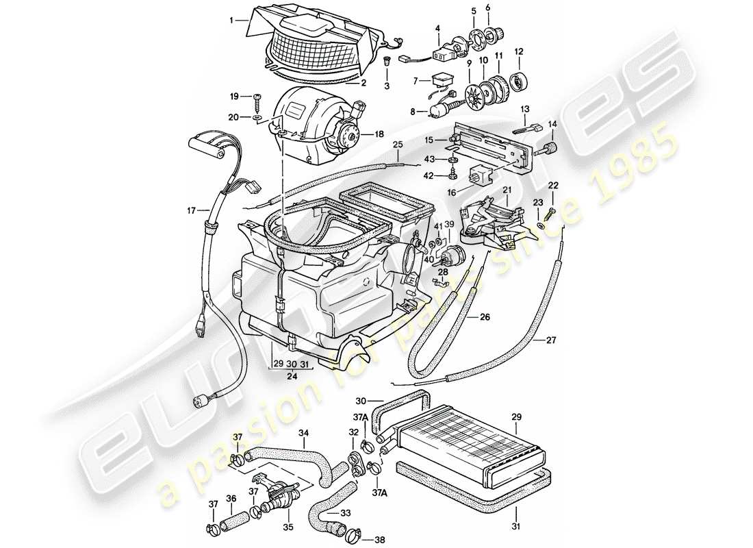 porsche 1986 (924s) heater - fan - heater core part diagram
