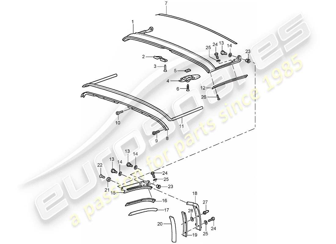 porsche 1991 (964) folding top - seal strip - roof frame part diagram