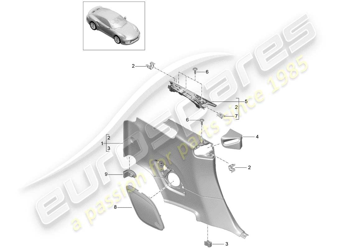 porsche 991 turbo (2016) quarter trim panel part diagram