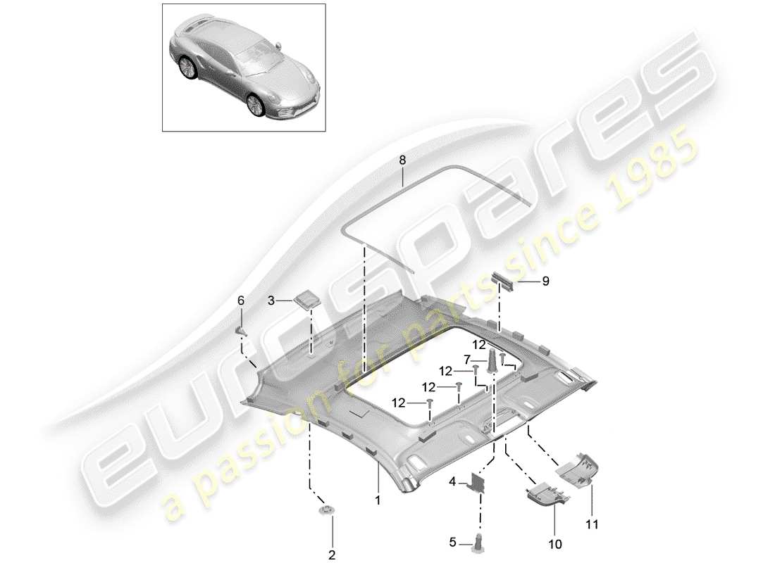 porsche 2015 (991-1 turbo) roof trim panel part diagram