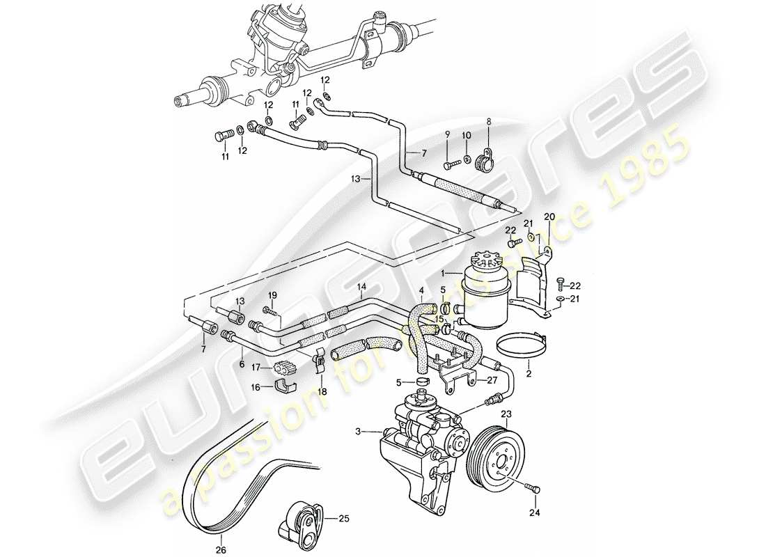 porsche 1987 (959) power steering - lines parts diagram