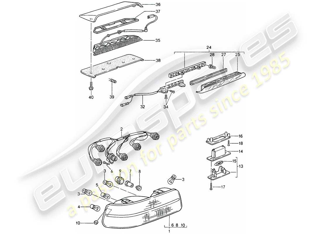 porsche 1994 (968) rear light - license plate light - additional brake light part diagram