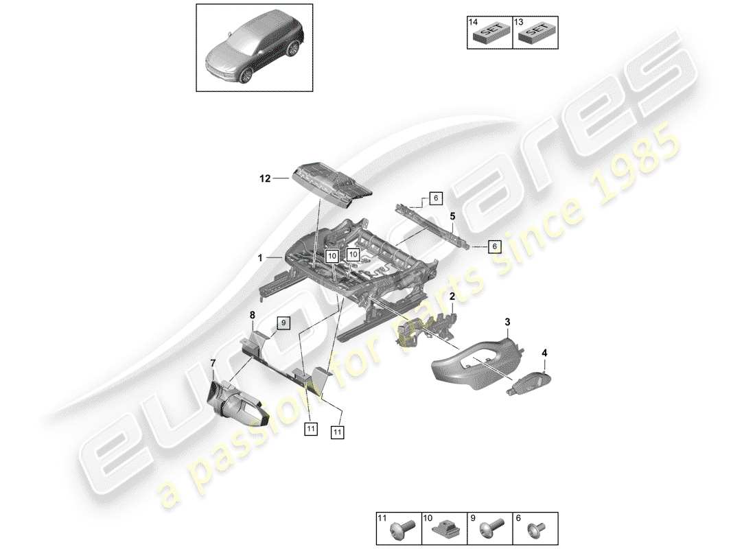 porsche 2019 (cayenne e3 9ya/9yb) seat frame part diagram