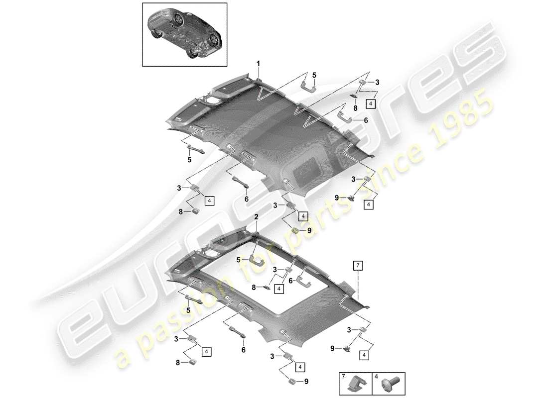 porsche 2019 (cayenne e3 9ya/9yb) roof trim panel part diagram